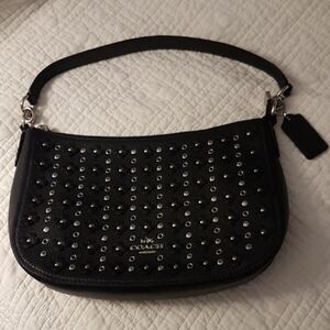 Coach Navy Blue Black Studded Flowers Shoulder Bag